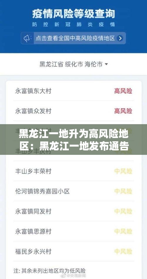 黑龙江一地升为高风险地区：黑龙江一地发布通告
